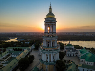 Kiev Pechersk Lavra at dawn. Clear morning. Aerial drone view.