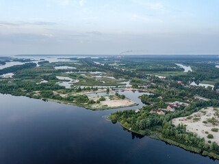 Sunrise over the wide river Dnieper. Aerial drone view.