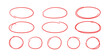 Set of hand drawn red circles and ovals. Highlight circle frames. Ellipses in doodle style. Vector illustration isolated on white background.