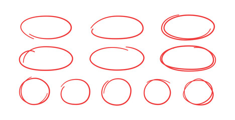 set of hand drawn red circles and ovals. highlight circle frames. ellipses in doodle style. vector i
