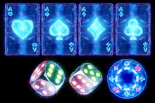 A Set Of Neon Cards Aces Of All Stripes, A Neon Casino Chip And Dice. Concept For Online Casino, Gambling, Online Money Games, Bets. 3D Illustration, 3D Render.