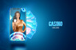 © Aliaksandr Marko - Concept for online casino, gambling, online money games, bets. Smartphone and pretty girl with playing cards in hand. Website header, flyer, poster, template for advertising.
