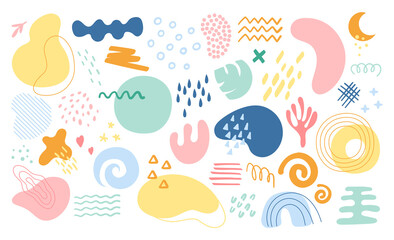 Abstract hand drawn shapes. Vector set of geometric shapes, doodle objects with floral elements. Trendy stamp texture for web, banner, poster, sale, card, social media post. Cartoon design collection