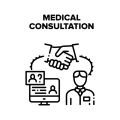 Wall Mural - Medical Consultation Advise Vector Icon Concept. Doctor Examination, Diagnosis And Medical Consultation, Hospital Worker Researching Patient Card And Disease History Black Illustration