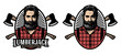 Lumberjack, woodmaster emblem with crossed axes. Two options. Vector illustration.
