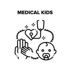 Sticker - Medical Kids Vector Icon Concept. Medical Examination, Diagnosis And Disease Treatment. Doctor Pediatrician Examining Newborn Child Little Patient Heart With Stethoscope In Hospital Black Illustration