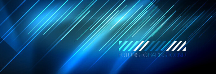 Neon glowing lines, magic energy and light motion background. Vector wallpaper template