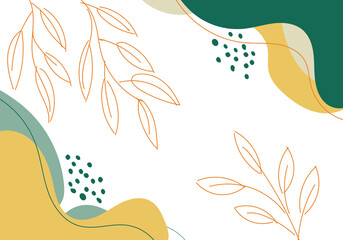 Wall Mural - abstract hand drawn green and yellow organic shape with leaves lines on white background.