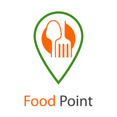 Poster - Logo con texto Food Point con tenedor y cuchara en circulo en marcador de posición con lineas en color naranja y verde