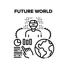 Aufkleber - Future World Vector Icon Concept. User Watching Video Or Playing Games In Virtual Reality Vr Glasses, Future World Technology. Analyzing International Financial Market Black Illustration