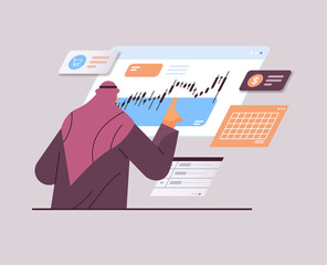 Poster - arab businessman monitoring financial stock market analyzing charts and graphs stock exchange concept