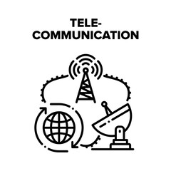 Poster - Telecommunication Technology Vector Icon Concept. Radio Tower And Satellite Antenna Telecommunication Technology For Global Connection And Broadcasting. Wireless Connect Black Illustration