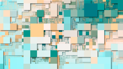 Poster - Ocean floor abstract 3d urban backdrop, pixel art technology or web pattern background. Random colorful mosaic