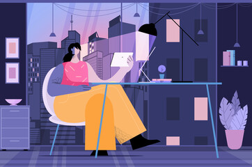 Poster - young woman using tablet pc social media network communication concept dark night office interior