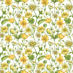  Floral seamless pattern with yellow and white buttercups and green leaves and herbs. Hand-drawn wildflowers.