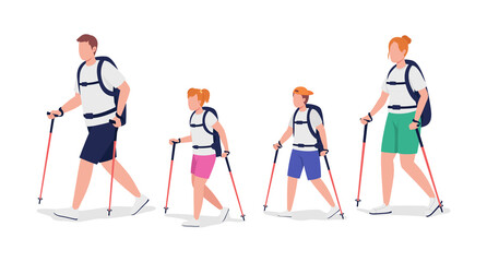 Wall Mural - family of hikers semi flat color vector characters. parents and kids figures. full body people on wh
