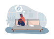 Lonely teen boy at home 2D vector isolated illustration. Unhappy kid sitting on couch. Depressed child in headphones flat characters on cartoon background. Teenager problem colourful scene