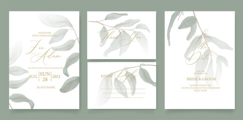 Wall Mural - Wedding invitation template, with watercolor green leaves, brunches, and handmade calligraphy.