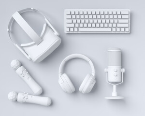 Poster - top view gamer gears like vr glasses, keyboard, controllers and microphone