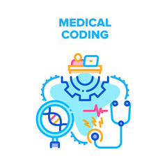 Sticker - Medical Coding Vector Icon Concept. Developer Working At Workspace Table And Medical Coding On Computer, Lab Worker Researching Dna Code And Doctor Examining Patient Health Color Illustration