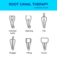 Root Canal Treatment Linear Icon Set. Stages Of Tooth Cleaning And Filling With Filles, Gutta-percha. Infected Tooth. Opening. File. Plugger And Filling. Installation Of The Crown. Editable Stroke
