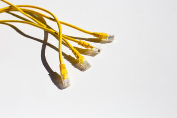 LAN network connection ethernet yellow cables on white