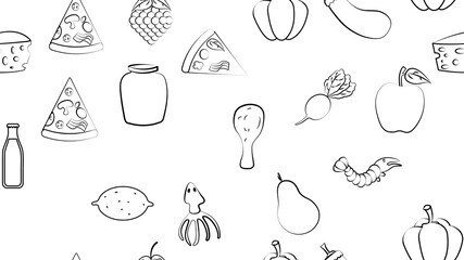 Wall Mural - Black and white endless seamless pattern of food and snack items icons set for restaurant bar cafe: shrimp, pizza, grapes, radish, soda, eggplant, squid, apple, cheese, lemon. The background