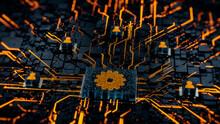 Configure Technology Concept With Cog Symbol On A Microchip. Orange Neon Data Flows Between Users And The CPU Across A Futuristic Motherboard. 3D Render.