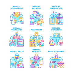 Wall Mural - Medical Practice Set Icons Vector Illustrations. Doctor Medical Practice And Therapy, Pharmacist Knowledge And Notes, Network And Online Prescription. Ventilator Hospital Equipment Color Illustrations