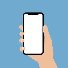 Human hand holding black mobile phone with blank white screen. Flat vector illustration