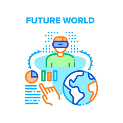Aufkleber - Future World Vector Icon Concept. User Watching Video Or Playing Games In Virtual Reality Vr Glasses, Future World Technology. Analyzing International Financial Market Color Illustration