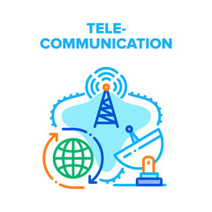 Aufkleber - Telecommunication Technology Vector Icon Concept. Radio Tower And Satellite Antenna Telecommunication Technology For Global Connection And Broadcasting. Wireless Connect Color Illustration