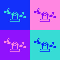 Sticker - Pop art line Seesaw icon isolated on color background. Teeter equal board. Playground symbol. Vector