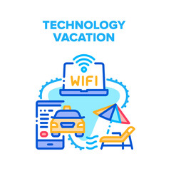 Poster - Technology Gadget Vacation Vector Icon Concept. Smartphone Application For Ordering Taxi Online And Hotel Wifi Connection With Laptop, Technology Gadget Vacation Color Illustration