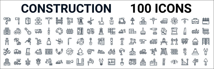 outline set of construction line icons. linear vector icons such as inclined ax,big closet,birck wall,inclined clippers,chisel,two shovels,tow truck,house plan. vector illustration