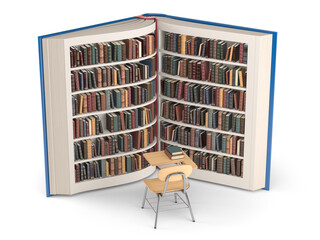 Poster - Books on bookshelf as book and school desk and chair isolated on white. Education, knowledge and learning concept background.