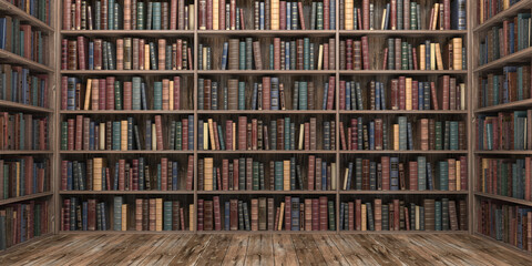 Poster - Vintage books on bookshelves in old library. Education and literature concept.