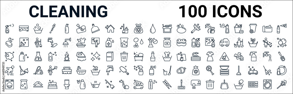 outline set of cleaning line icons. linear vector icons such as scouring pads,sponge,chemical reaction,dust,vinegar,slippery,spray,shampoo. vector illustration - obrazy, fototapety, plakaty 