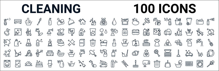 Poster - outline set of cleaning line icons. linear vector icons such as scouring pads,sponge,chemical reacti