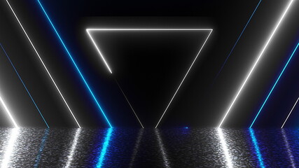 Poster - Many neon triangles in space, abstract computer generated backdrop, 3D rendering backdround