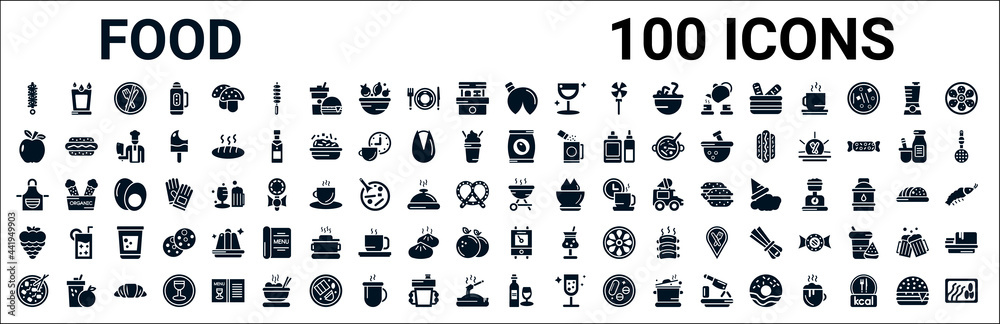 set of 100 glyph food web icons. filled icons such as drink water,apple leaf,pack,kitchen pack,barbecue grill,raspberry leaf,boiler,wine bottle and glass. vector illustration - obrazy, fototapety, plakaty 