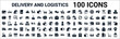 set of 100 glyph delivery and logistics web icons. filled icons such as scooter,package,delivery day,global logistic,postbox,delivery,packages,transportation. vector illustration