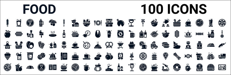 set of 100 glyph food web icons. filled icons such as drink water,apple leaf,pack,kitchen pack,barbe