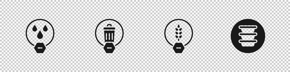 Sticker - Set Water drop forbidden, Trash can, Gluten free grain and Bowl icon. Vector