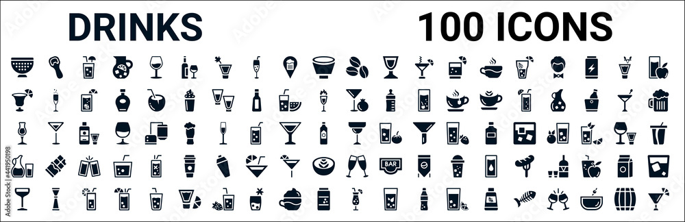 set of 100 glyph drinks web icons. filled icons such as opener,last word drink,pomegranate martini,mai thai,margarita,water jug,wine toast,sex on the beach. vector illustration - obrazy, fototapety, plakaty 