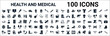© Digital Bazaar - set of 100 glyph health and medical web icons. filled icons such as breast pump,wheelchair,medical file,smoking,optometrist,non ionizing radiation,poisonous,blood pressure. vector illustration