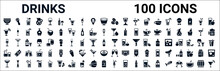 Set Of 100 Glyph Drinks Web Icons. Filled Icons Such As Opener,last Word Drink,pomegranate Martini,mai Thai,margarita,water Jug,wine Toast,sex On The Beach. Vector Illustration