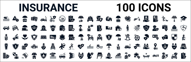 Wall Mural - set of 100 glyph insurance web icons. filled icons such as problem electric,excessive weight for the