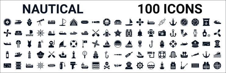 set of 100 glyph nautical web icons. filled icons such as speed boat,boat screw,starfish with dots,skiff,ocean waves,oxygen tank,spyglass,trireme. vector illustration