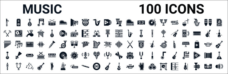 Wall Mural - set of 100 glyph music web icons. filled icons such as amplifier,drumsticks,clef,panpipe,equalizer,b
